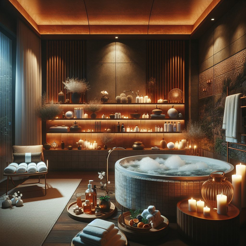 Luxurious candlelit bathroom with freestanding bubble bath tub