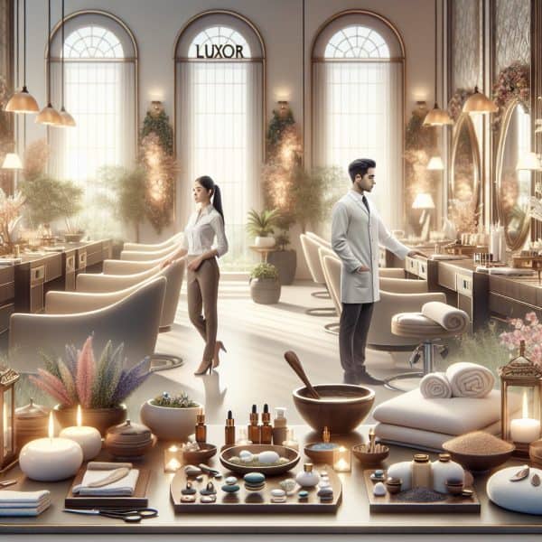 Luxury salon interior with spa treatments and staff