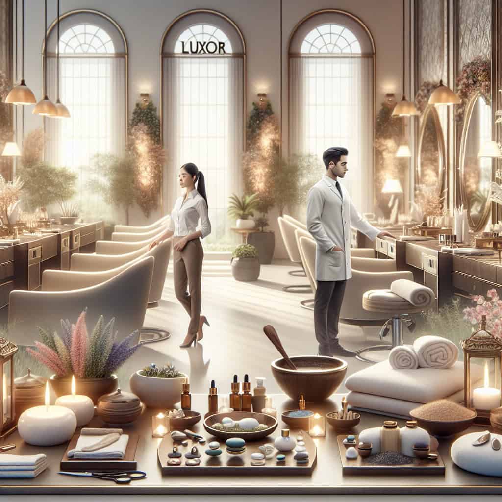 Luxury salon interior with spa treatments and staff