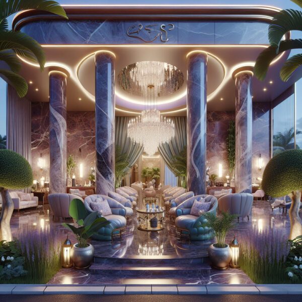 Luxurious marble lobby with grand chandelier and columns
