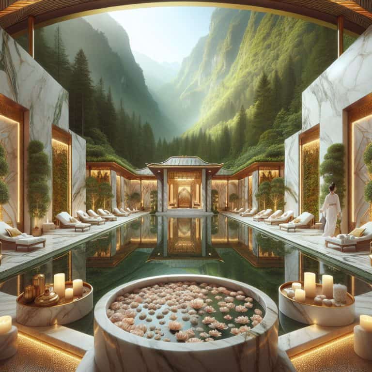 Luxury spa pool overlooking lush mountain valley