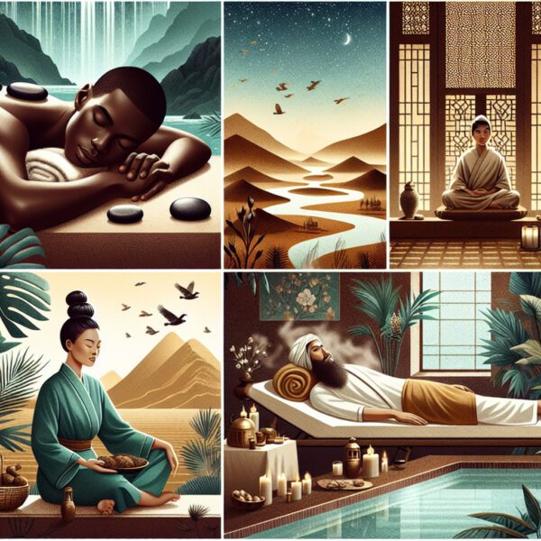 Collage of spa treatments and peaceful meditation scenes
