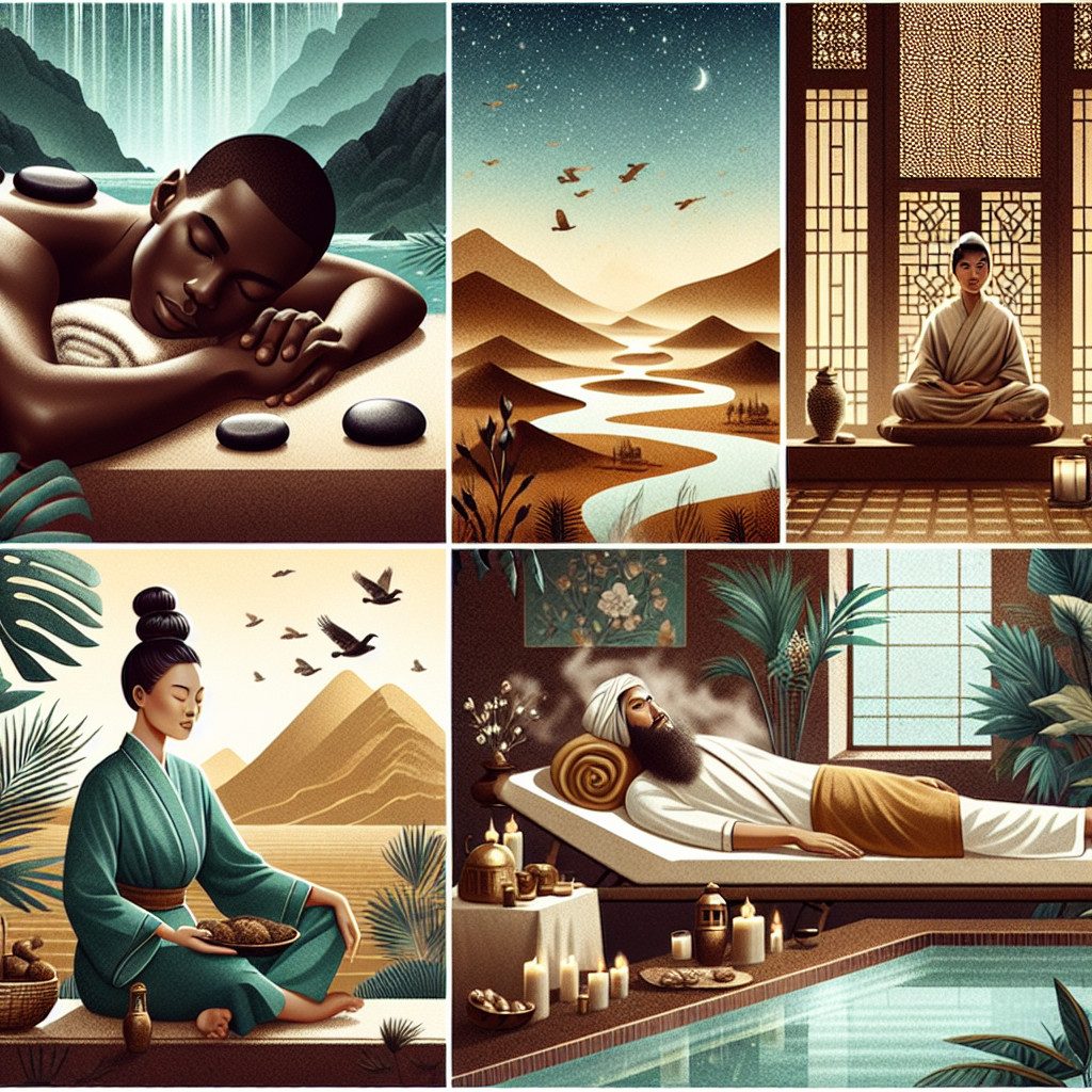 Collage of spa treatments and peaceful meditation scenes