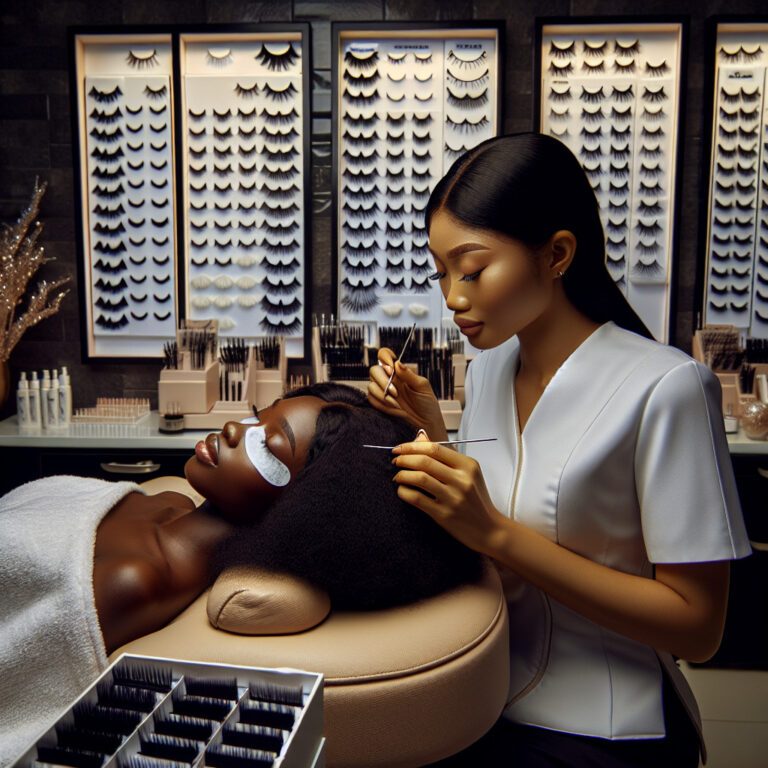 Beautician applying eyelash extensions in beauty salon