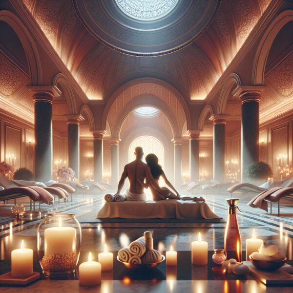 Couple relaxing in luxurious candlelit spa hall