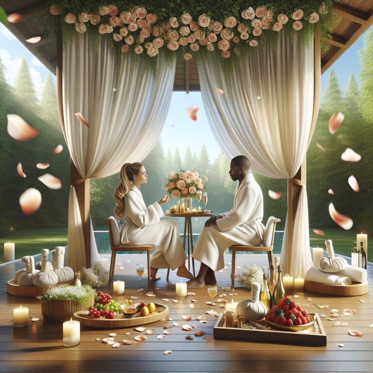 Couple in robes enjoying romantic outdoor spa setting