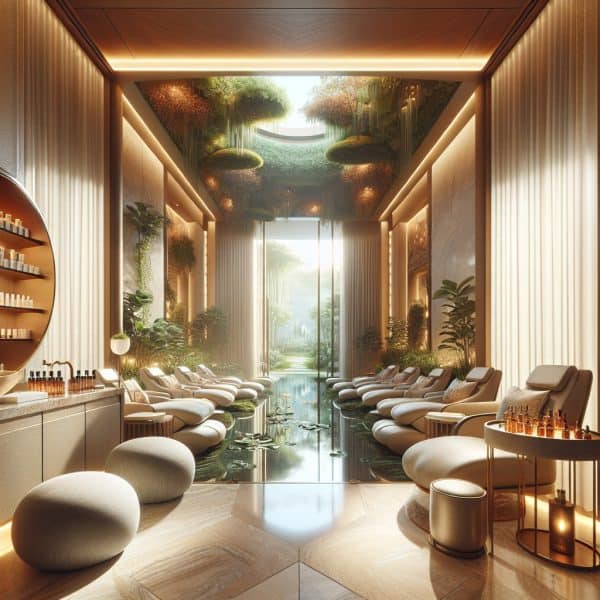 Luxurious spa lounge with water feature and greenery