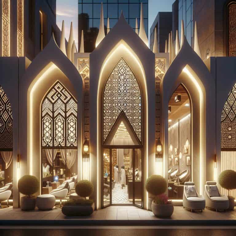 Ornate Middle Eastern style luxury salon exterior at dusk
