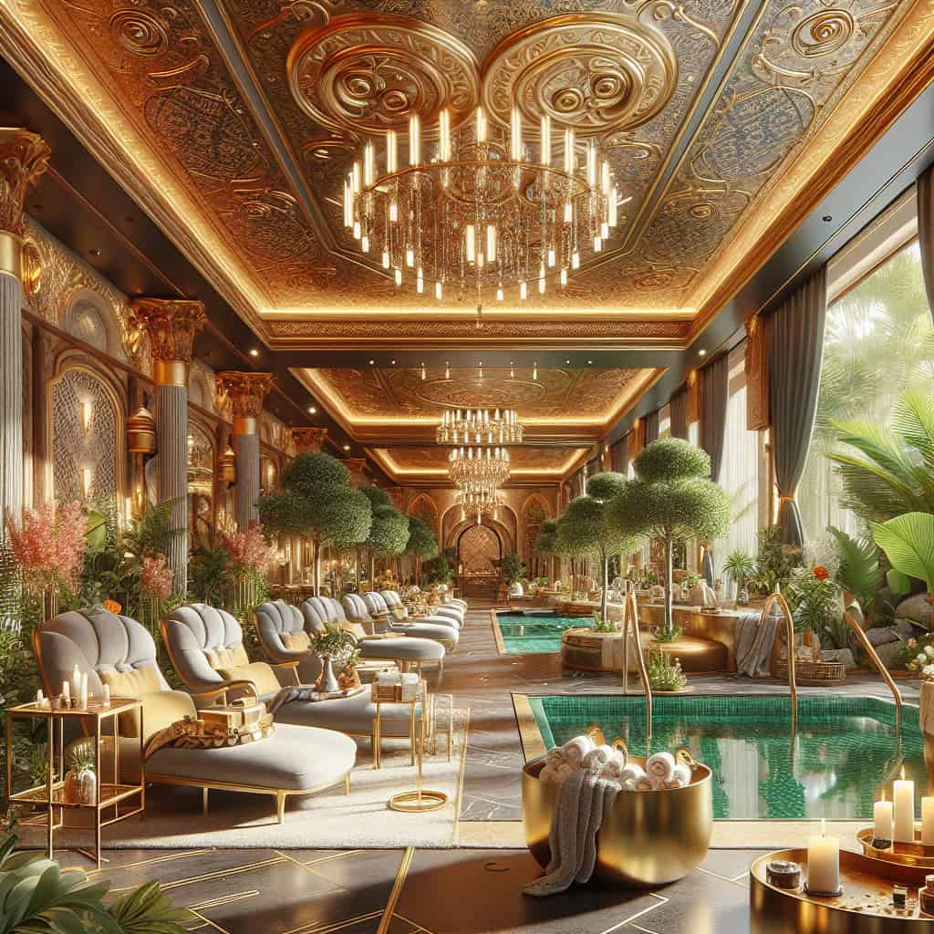 Luxurious spa interior with chandeliers and indoor pools
