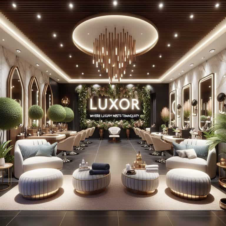 Luxury modern hair salon interior with chandelier lighting