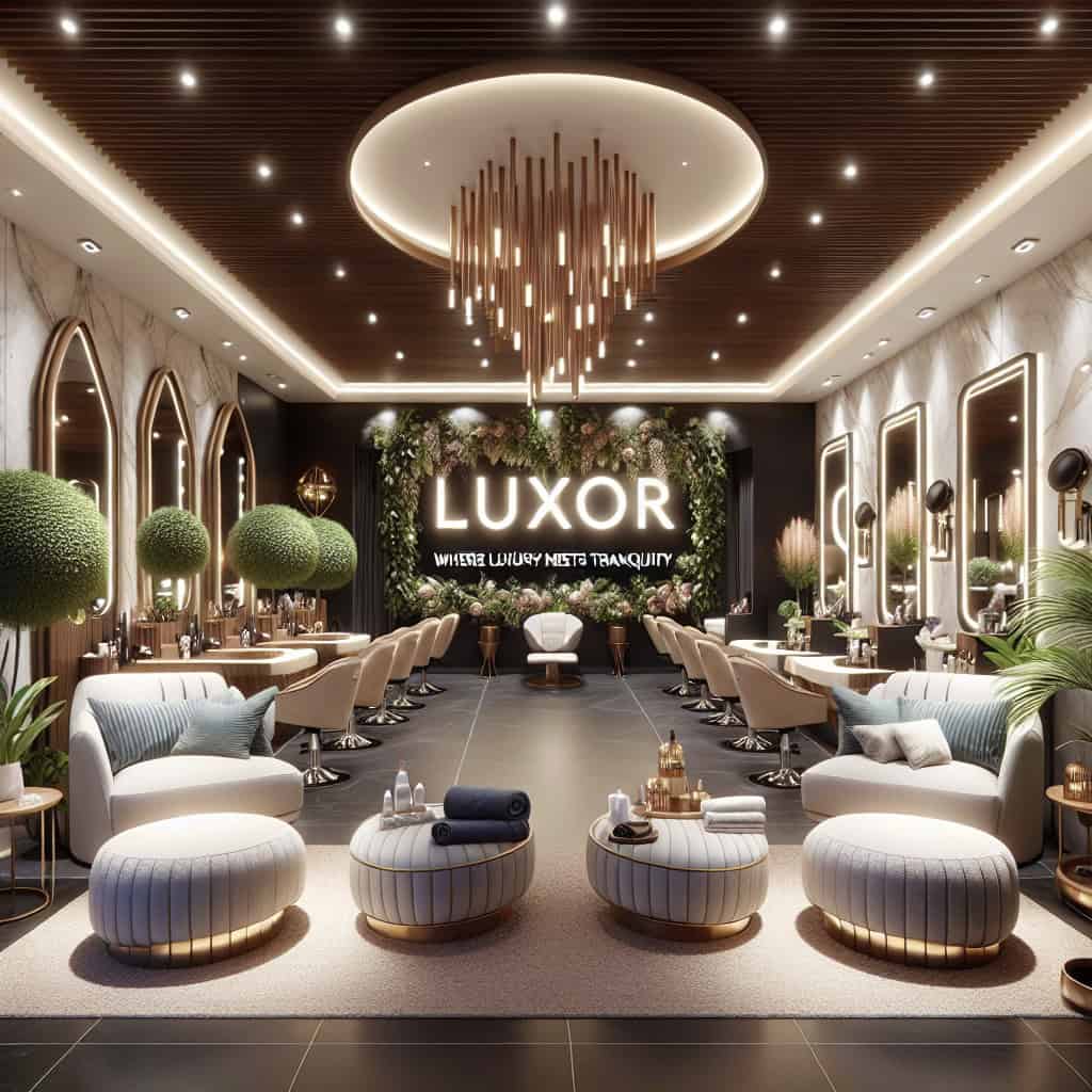 Luxury modern hair salon interior with chandelier lighting