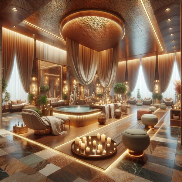 Luxurious spa interior with pool and candles