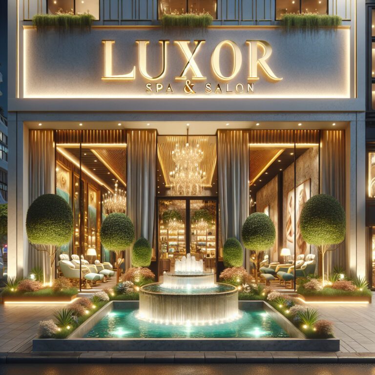 Luxurious spa and salon entrance with fountain