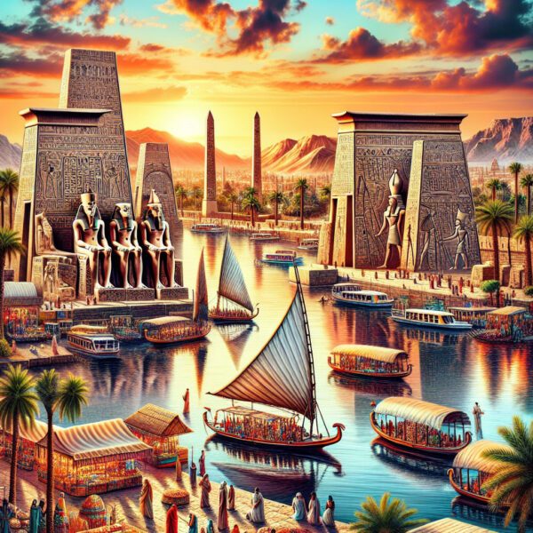 Ancient Egyptian temples and boats on the Nile