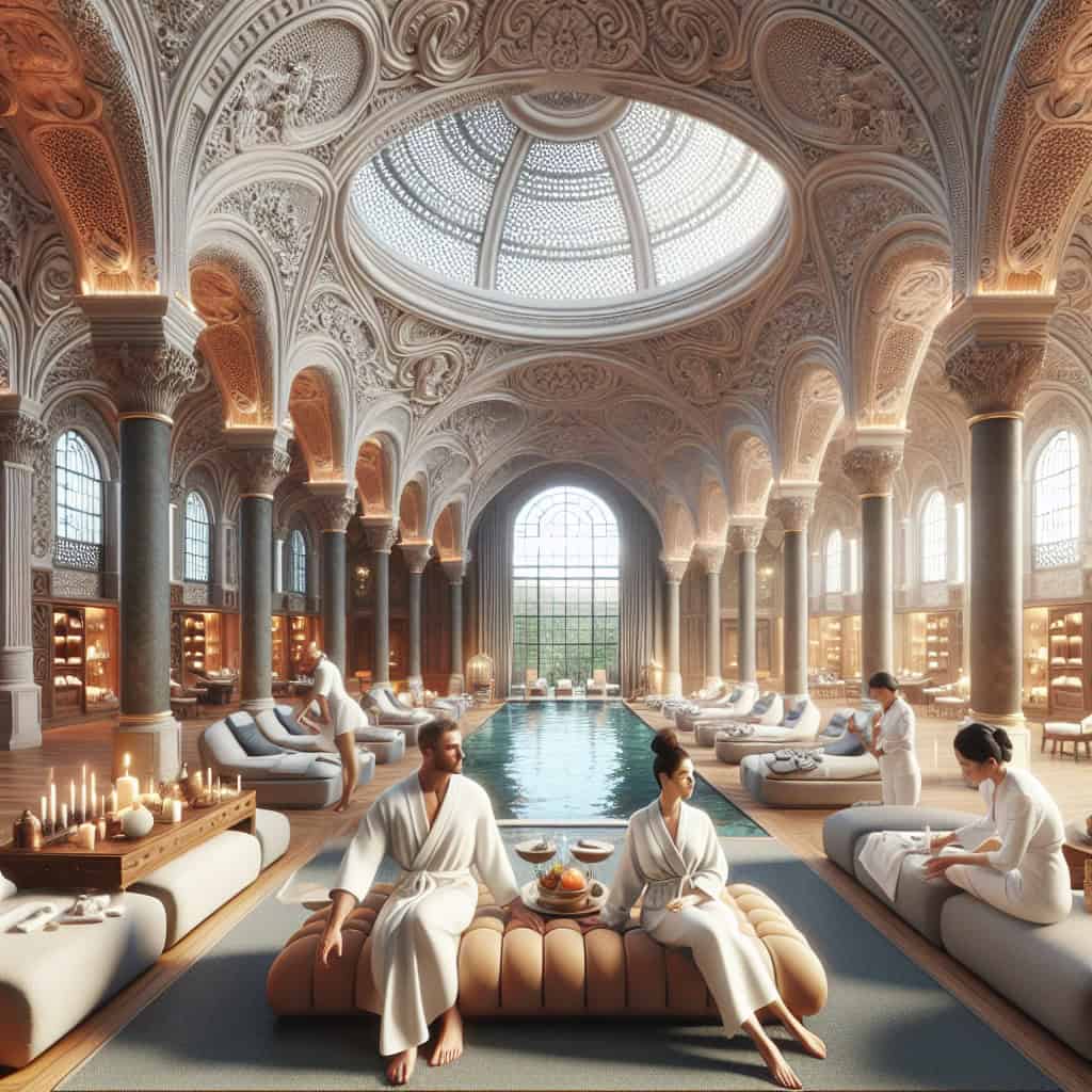 Luxurious spa with ornate dome and indoor pool
