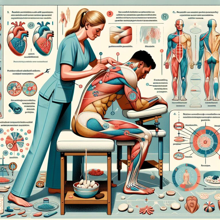Physiotherapist treating man's back with muscle anatomy diagram