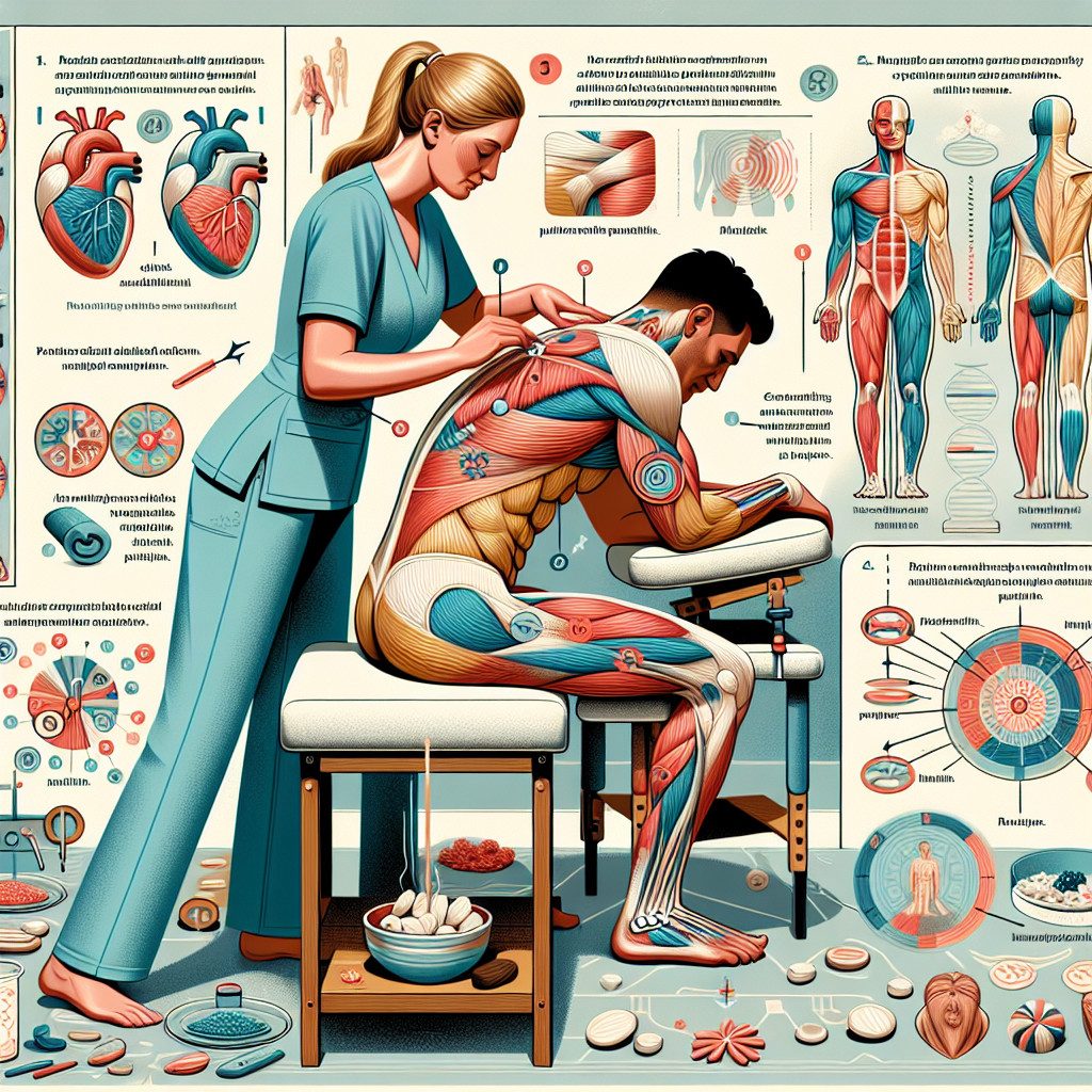 Physiotherapist treating man's back with muscle anatomy diagram