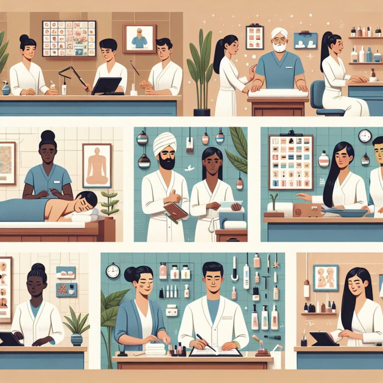 Illustrated spa clinic staff providing treatments and consultations