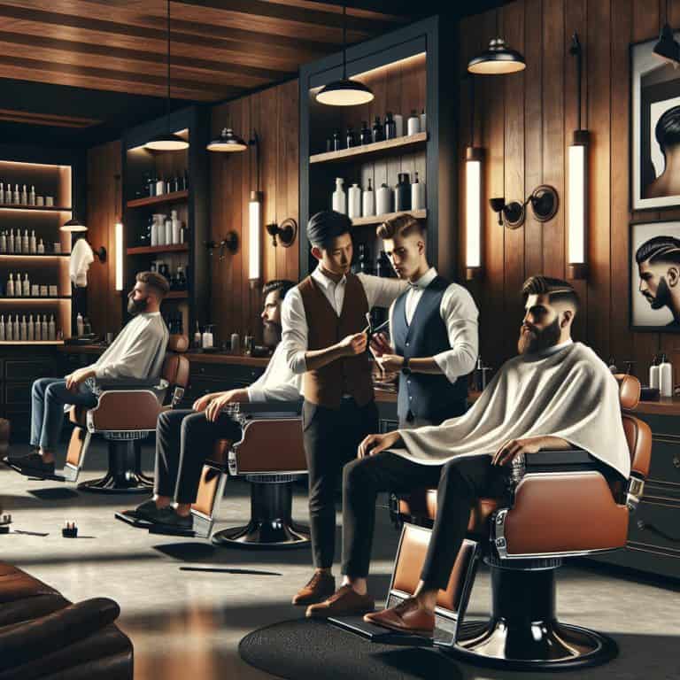 Modern barbershop with barbers trimming clients' beards