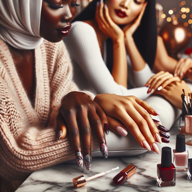 Two women admiring manicured nails with polish bottles