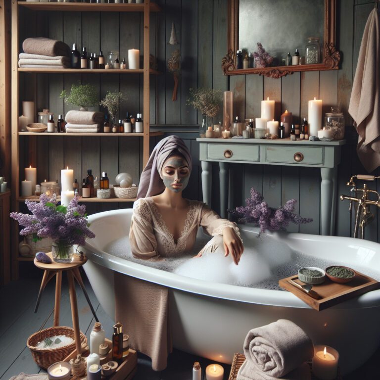 Woman relaxing in candlelit bubble bath spa setting