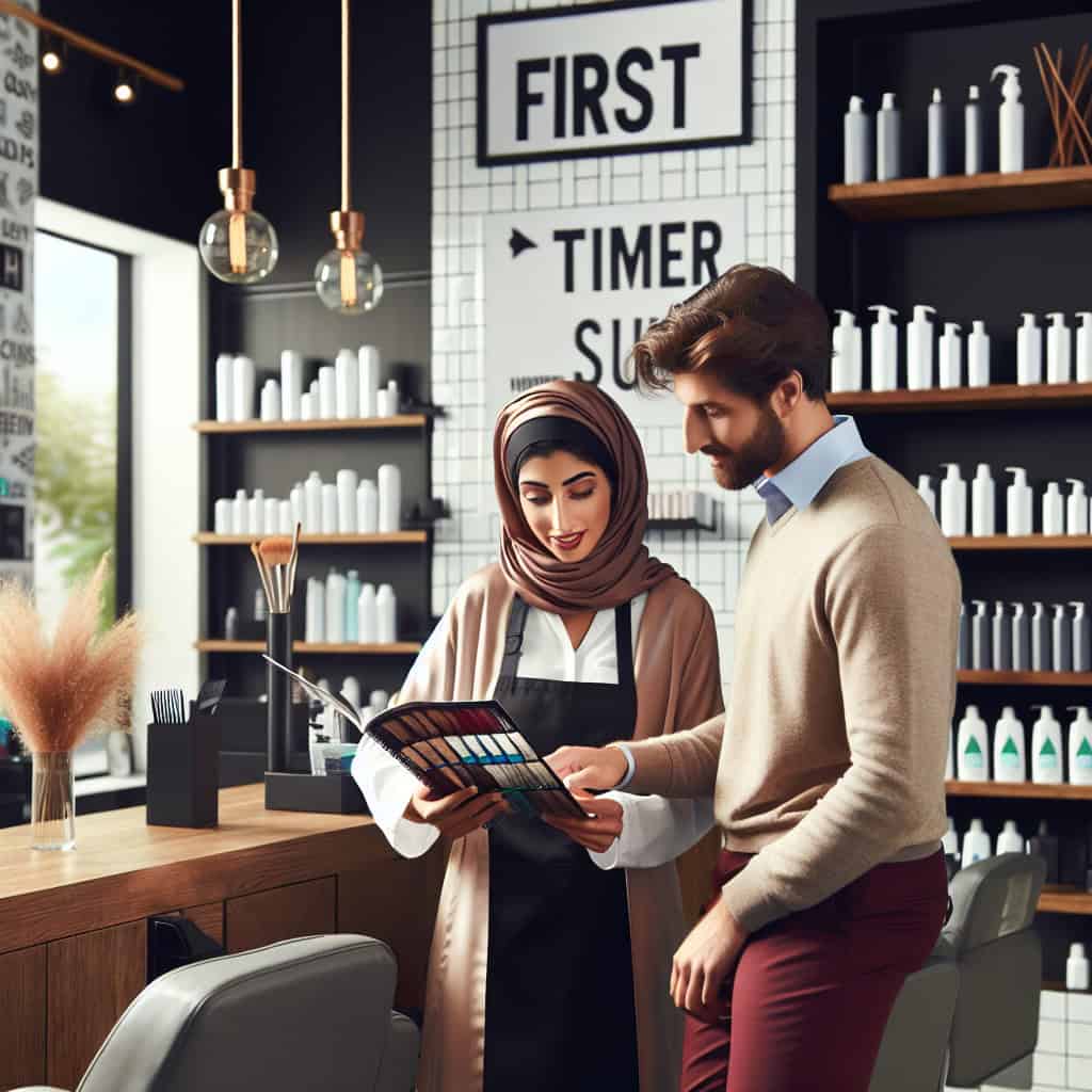 Hairdresser showing colour chart to male client