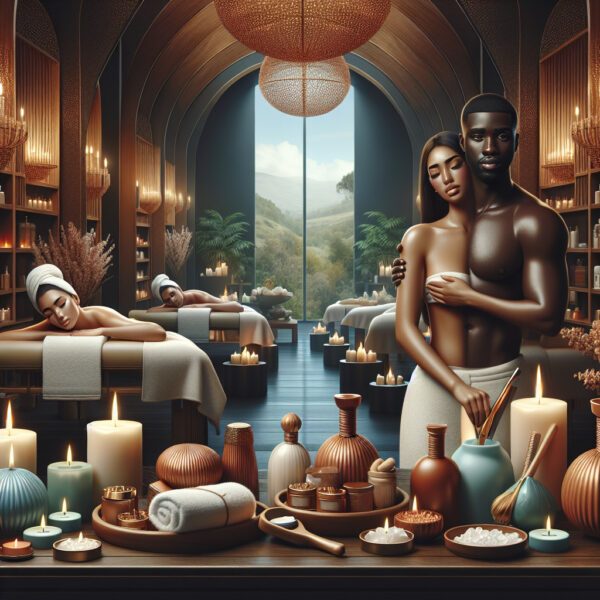 Couple embracing in candlelit luxury spa setting
