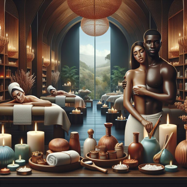 Couple embracing in candlelit luxury spa setting