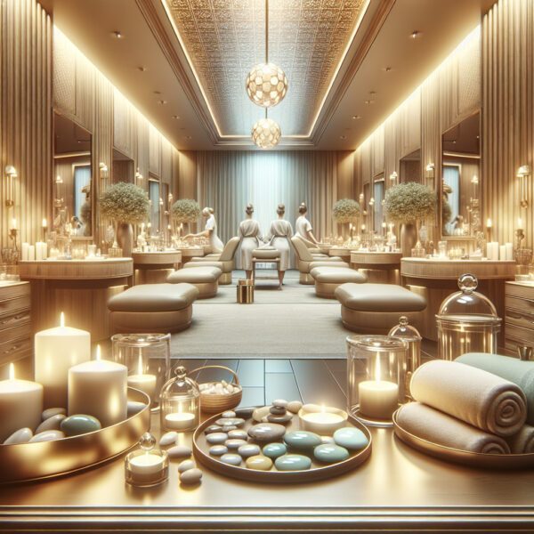 Luxurious spa interior with candles and massage tables