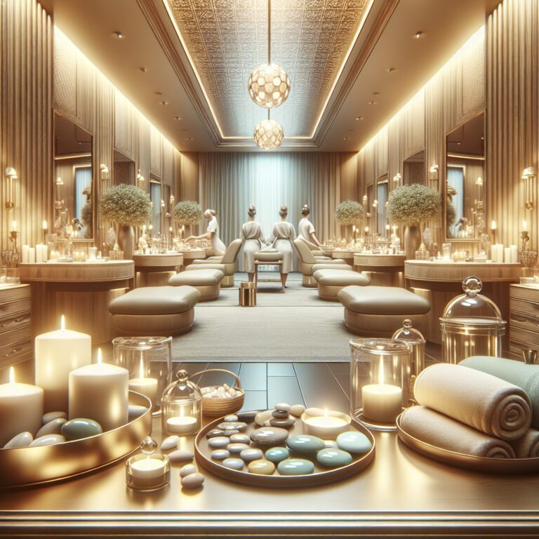 Luxurious spa interior with candles and massage tables