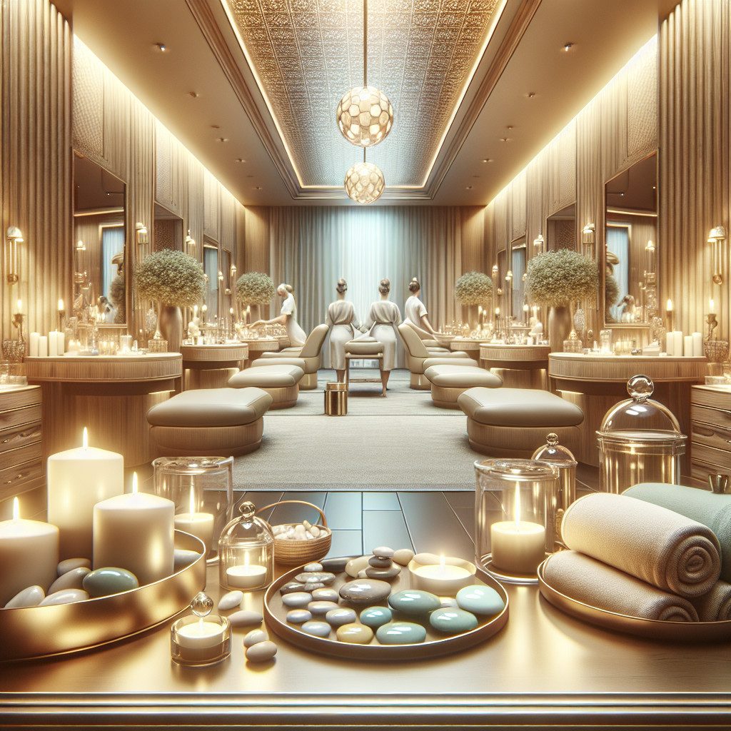 Luxurious spa interior with candles and massage tables