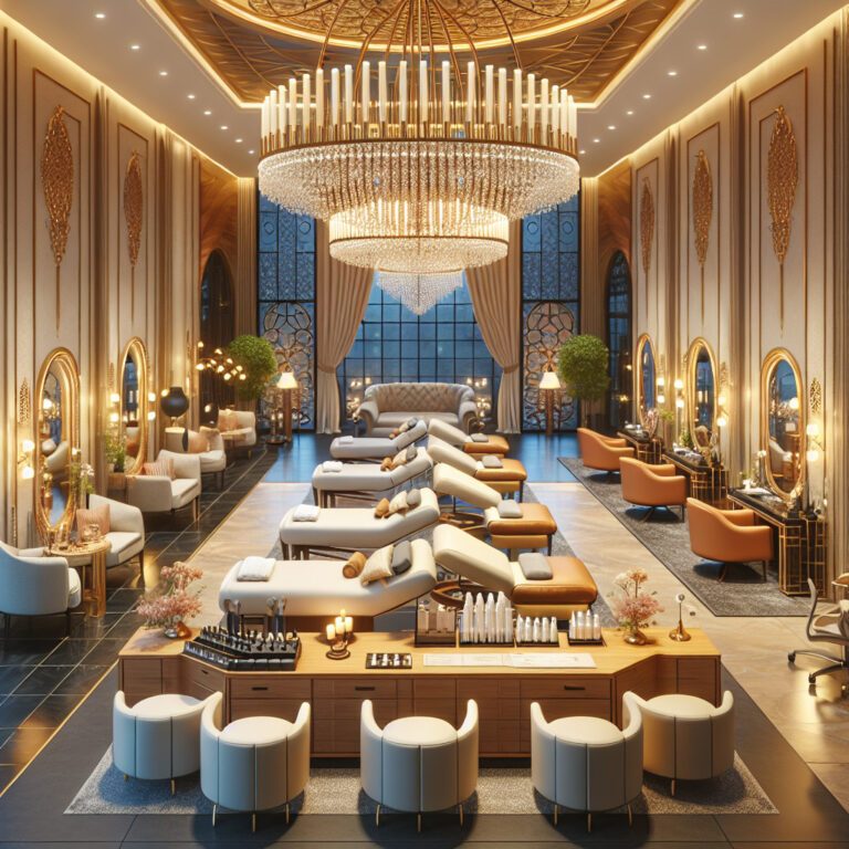 Luxurious beauty salon interior with chandeliers and treatment beds