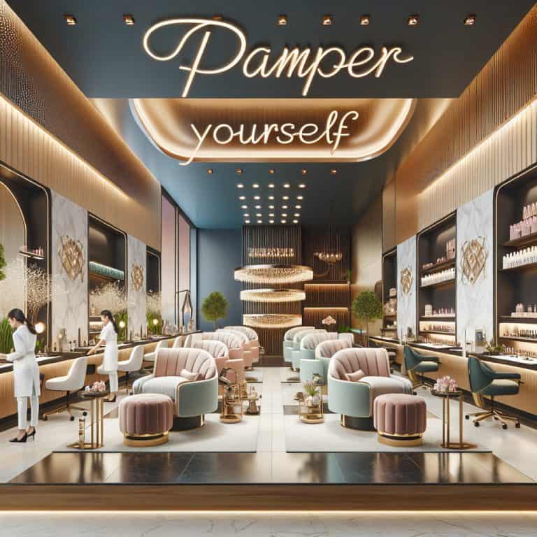 Luxury beauty salon interior with 'Pamper Yourself' sign