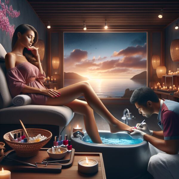 Woman enjoying pedicure in candlelit spa overlooking sea