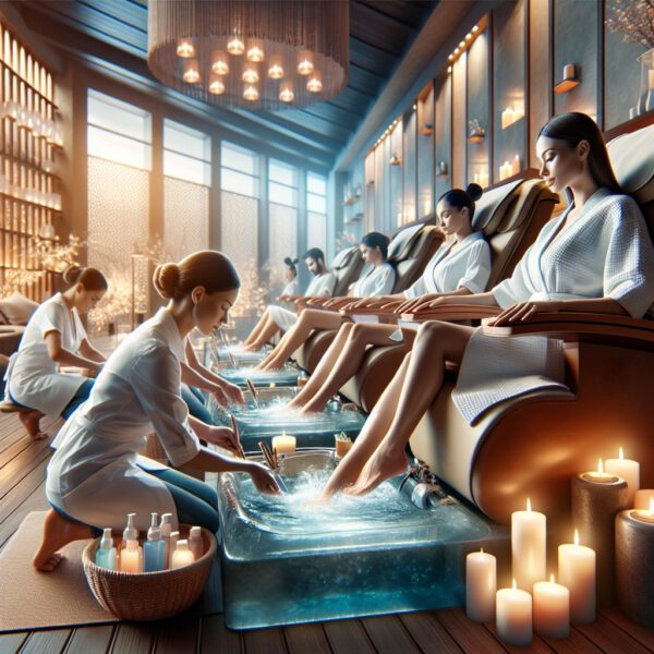 Women enjoying luxury spa pedicures and foot baths