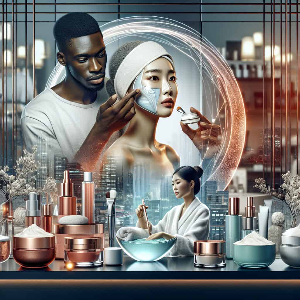 Futuristic skincare treatment with facial mask and products