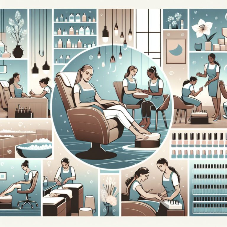 Illustrated nail salon manicure and pedicure treatments scene