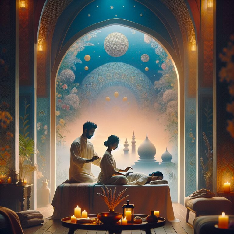 Serene candlelit spa massage beneath ornate archway