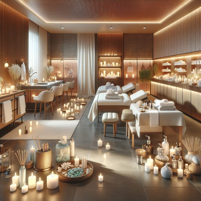 Luxurious candlelit spa with massage tables and decor
