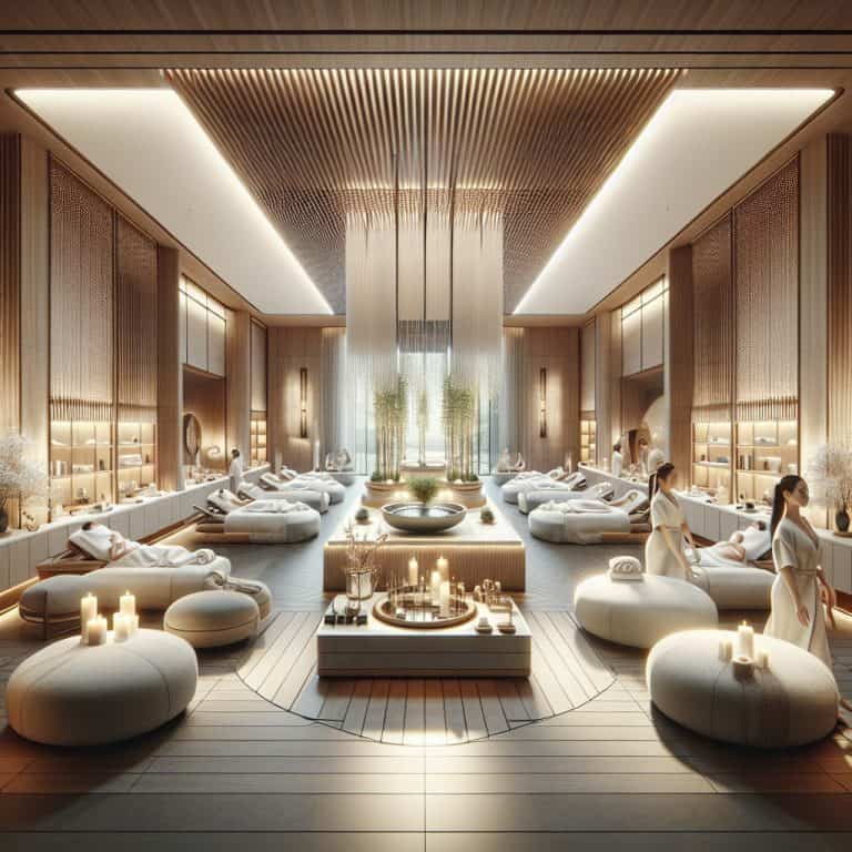 Luxury spa interior with massage beds and candles