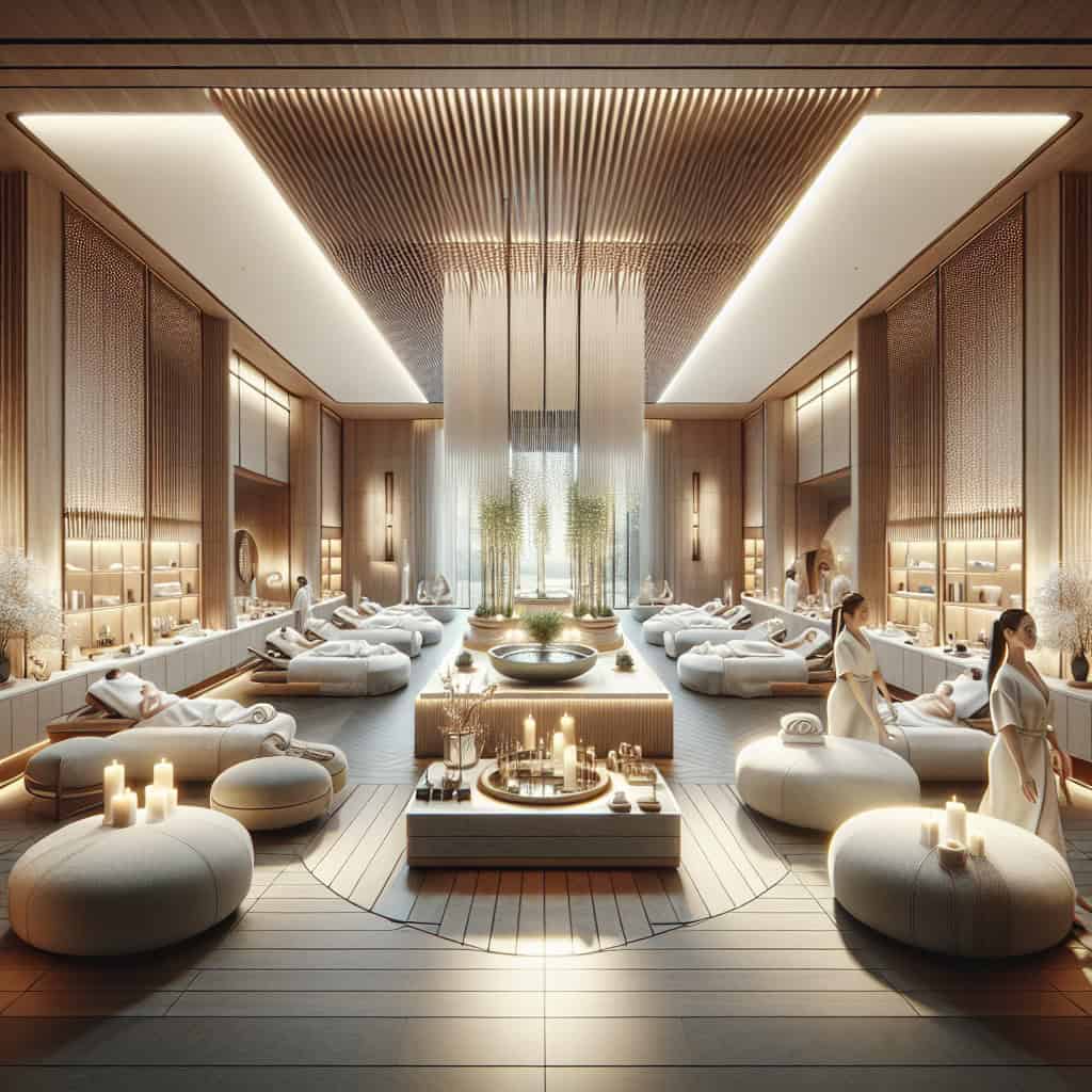 Luxury spa interior with massage beds and candles