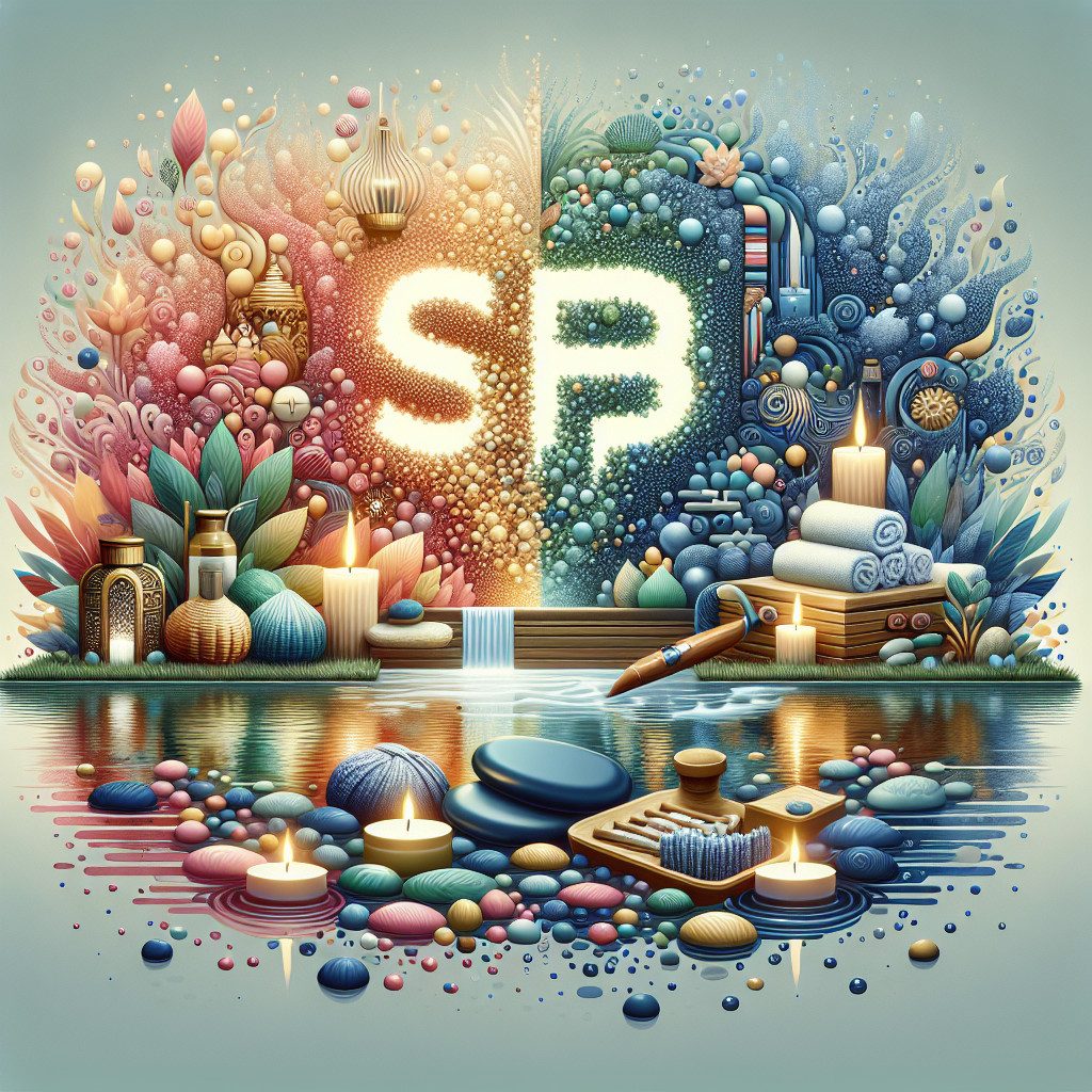 Colourful spa illustration with glowing SPF letters and candles