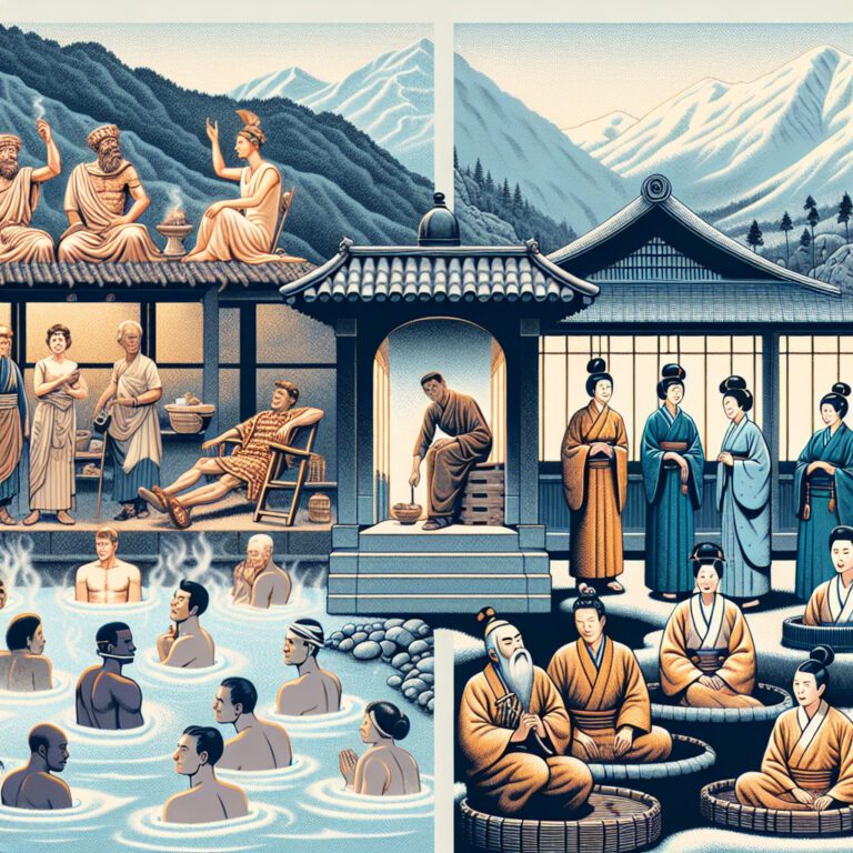 Illustration of Roman baths and Japanese onsen comparison