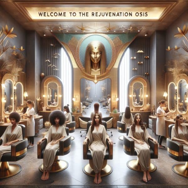 Luxury Egyptian-themed spa salon with seated clients