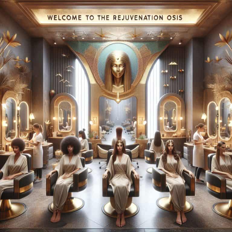 Luxury Egyptian-themed spa salon with seated clients