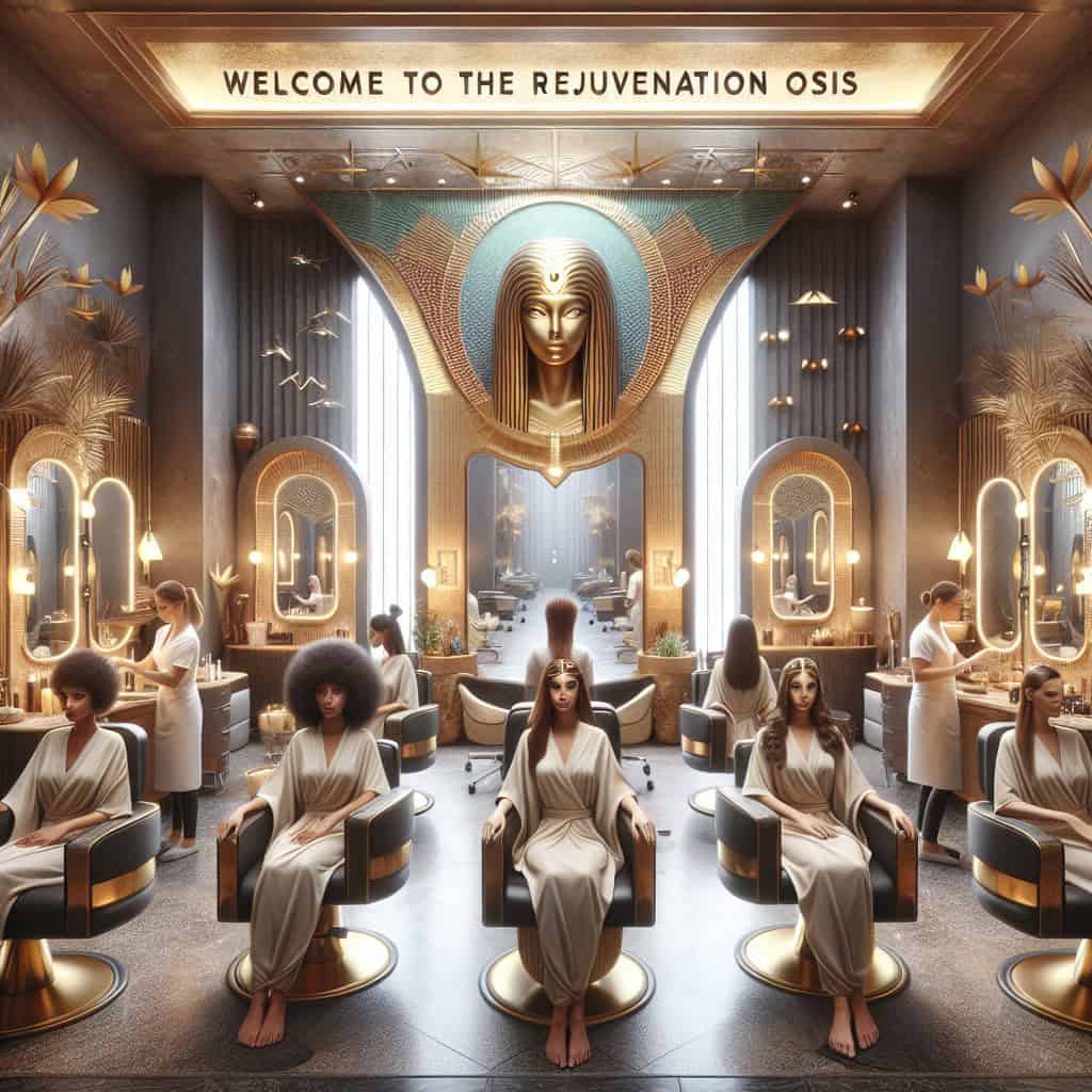 Luxury Egyptian-themed spa salon with seated clients
