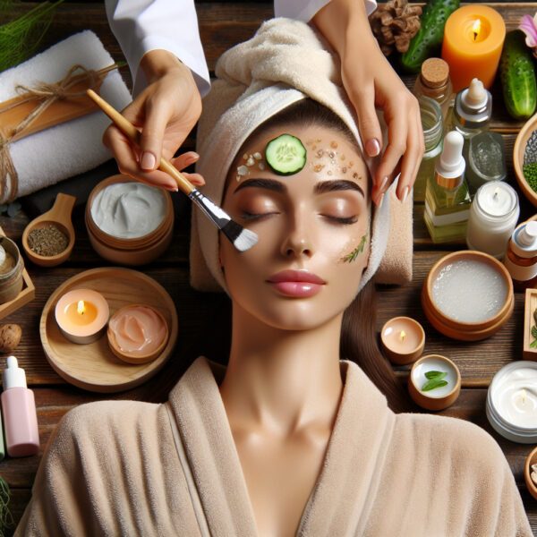 Woman receiving relaxing facial spa treatment with cucumber