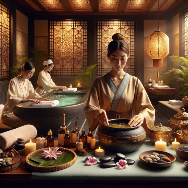 Women enjoying tranquil spa treatment with candles and herbs
