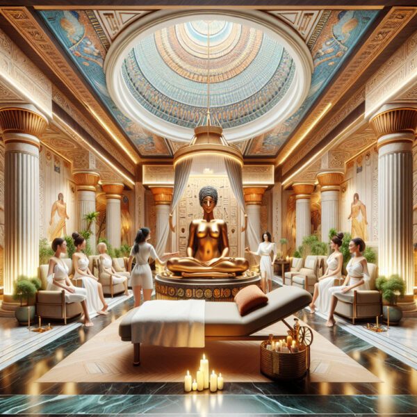 Luxurious Egyptian-style spa with golden statue and attendants