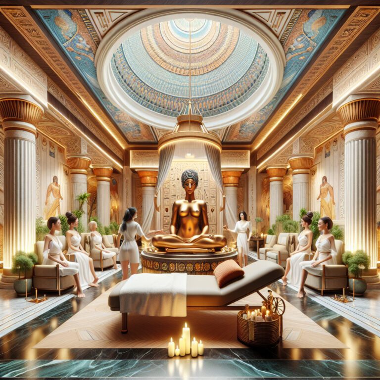 Luxurious Egyptian-style spa with golden statue and attendants